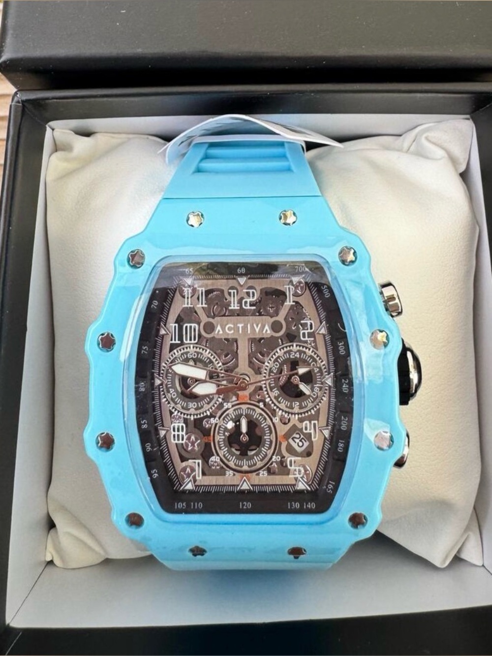 Activa Turquoise Blue Skeleton Dial Watch Oversized Silicone Strap New in Box